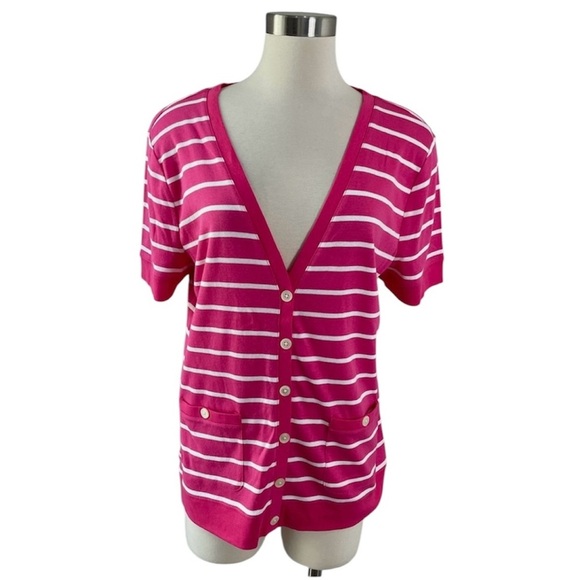 NEW Chaps Women’s XL Pink White Striped Button Up Cardigan Short Sleeve Cotton - Picture 1 of 10